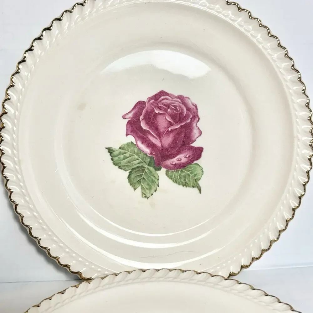 Harker Pottery Co Wild Rose Dessert Plates 22K Gold Rim Bread USA 1940s Tea 4